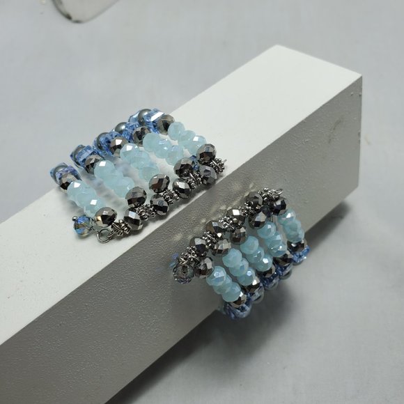 Ali Khan 5 row glass pearl Blue beaded wired wrap opened bracelet - Picture 7 of 7